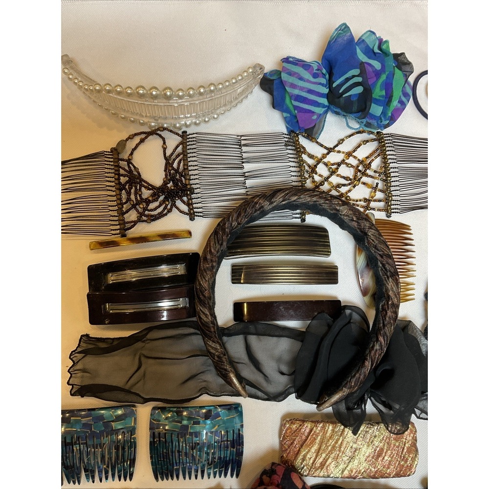 Vintage Hair Accessory Lot Of 36 Barrettes Combs Banana Clip Band Wraps 1980s - Picture 4 of 12